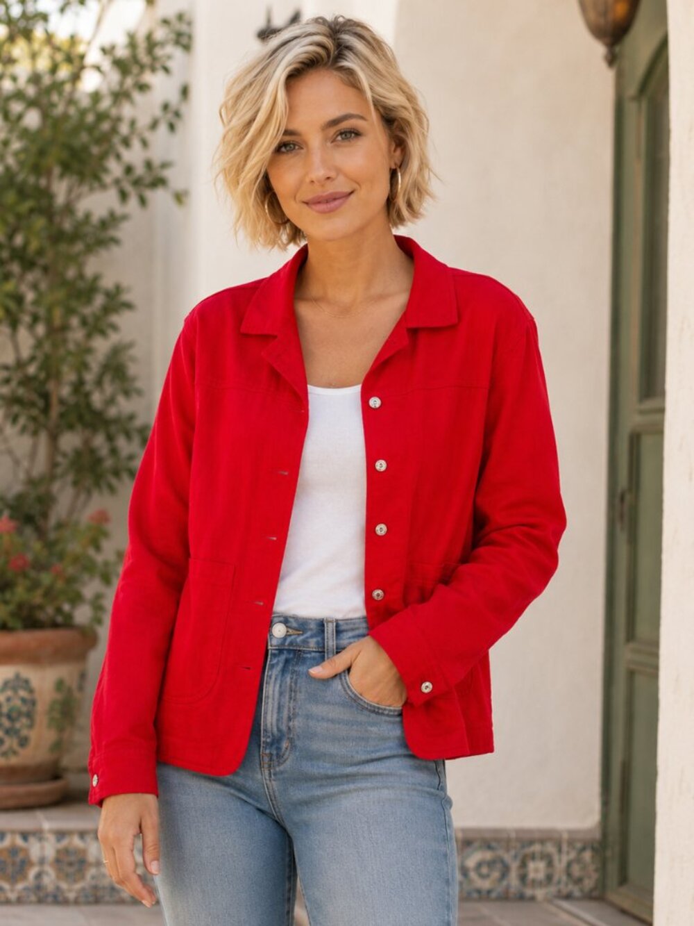 Distinct Women's Stretch Denim Jacket Size L Red Swarovski Crystal Buttons